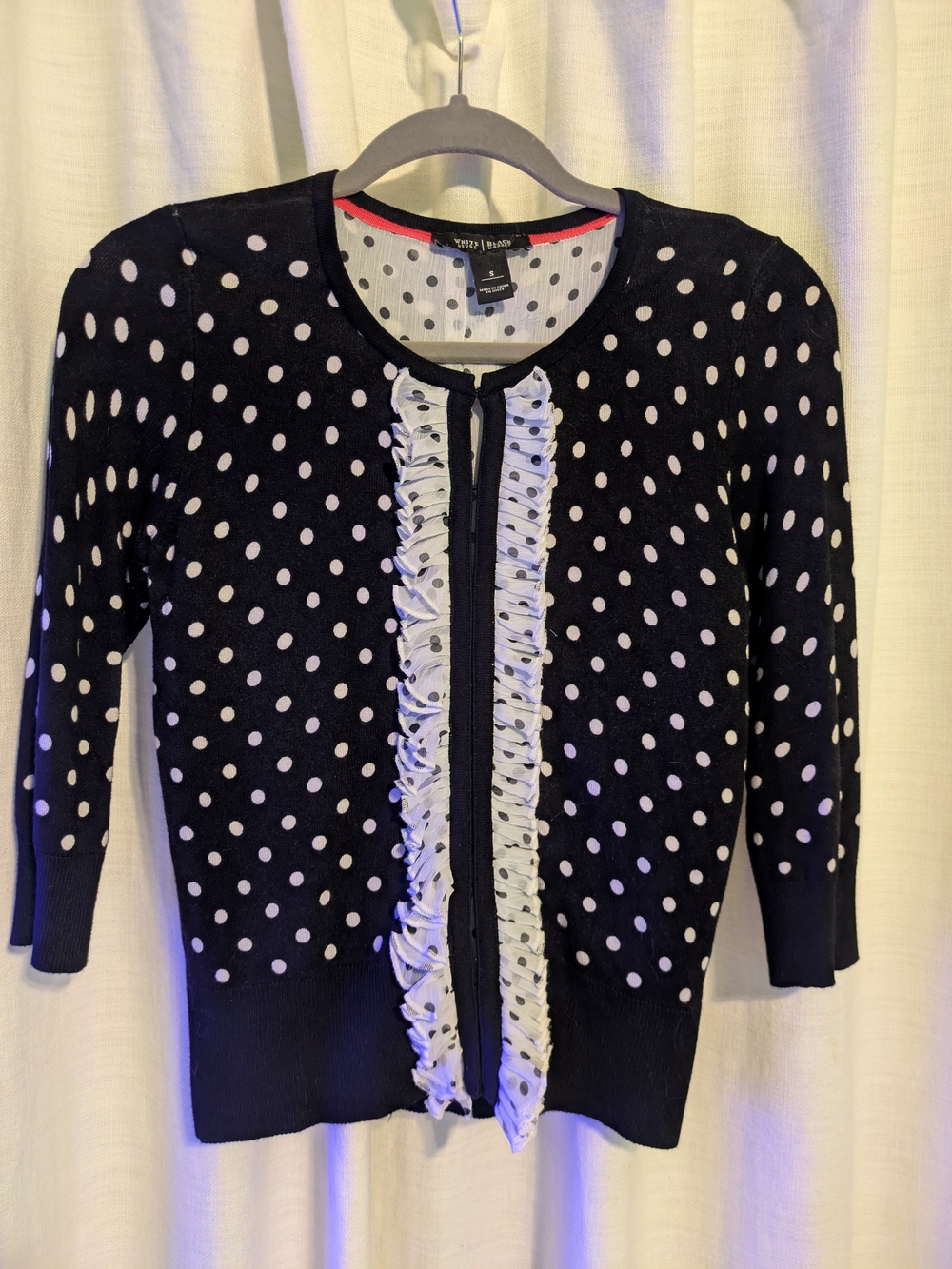 White House Black Market Black and White Polka Dot Ruffle Cardigan